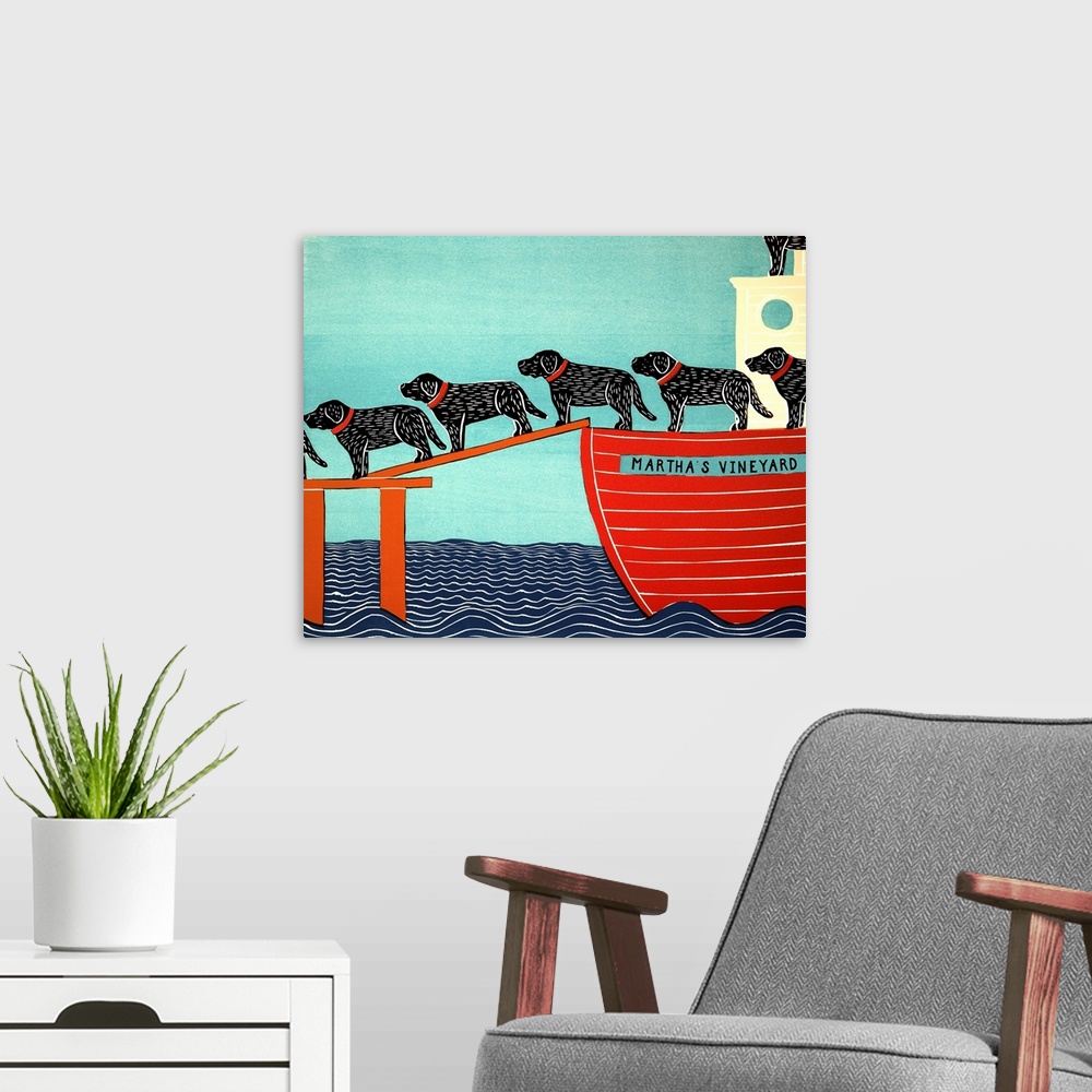 A modern room featuring Illustration of a pattern of black and chocolate labs walking off of a Martha's Vineyard ferry.
