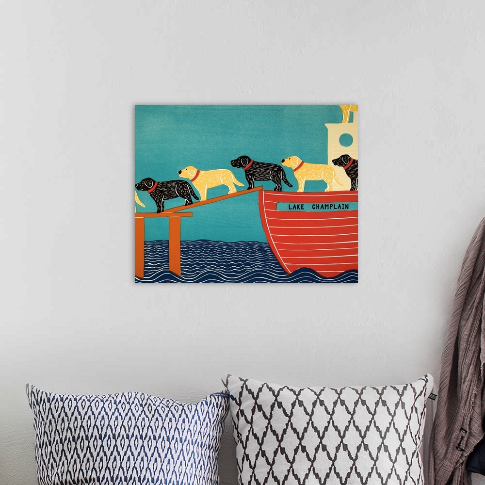 A bohemian room featuring Illustration of a pattern of black and chocolate labs walking off of a Lake Champlain ferry.