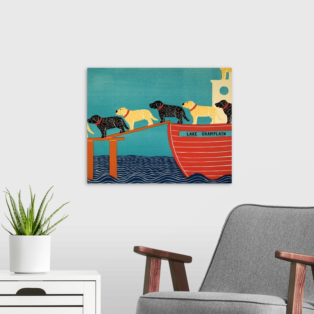 A modern room featuring Illustration of a pattern of black and chocolate labs walking off of a Lake Champlain ferry.