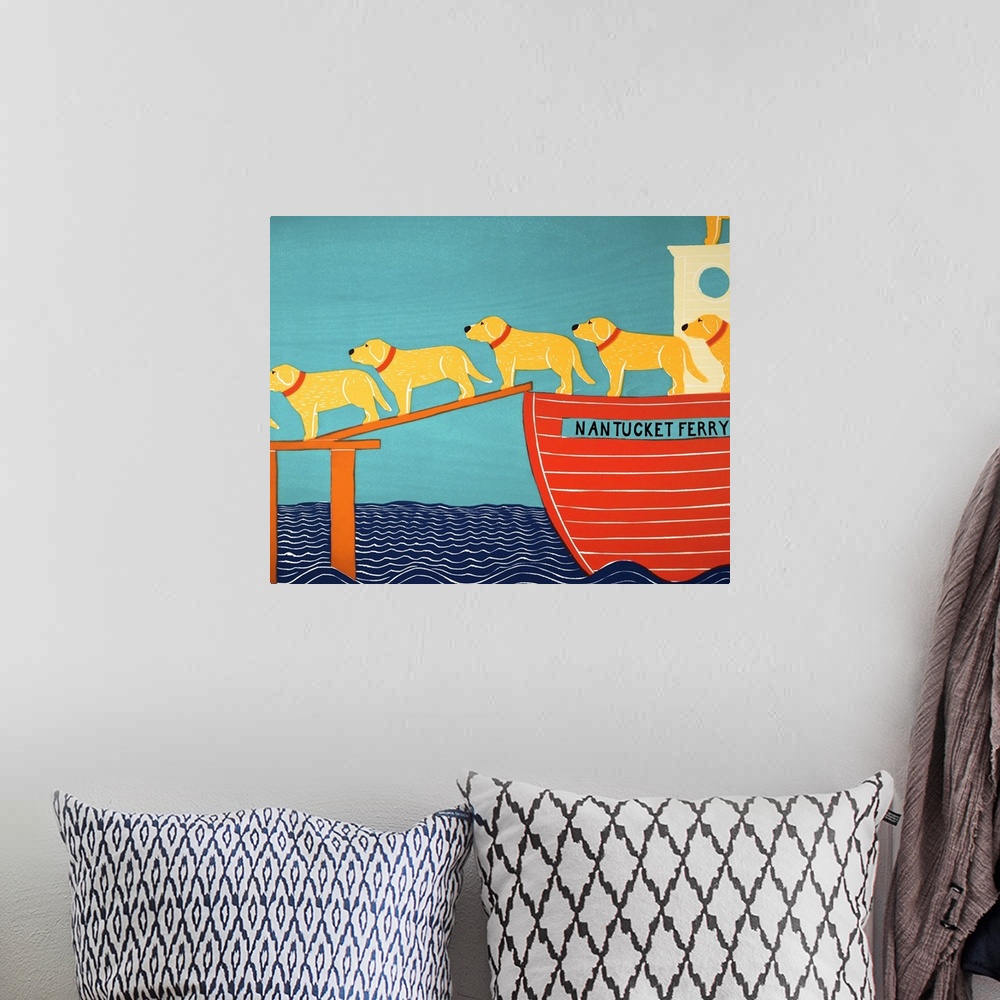 A bohemian room featuring Illustration of a pattern of black and chocolate labs walking off of a Nantucket Ferry.