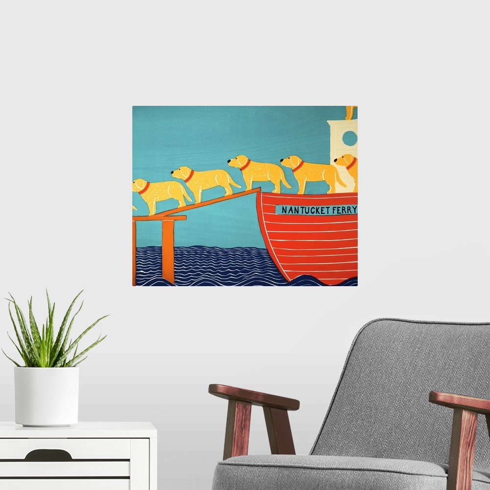 A modern room featuring Illustration of a pattern of black and chocolate labs walking off of a Nantucket Ferry.