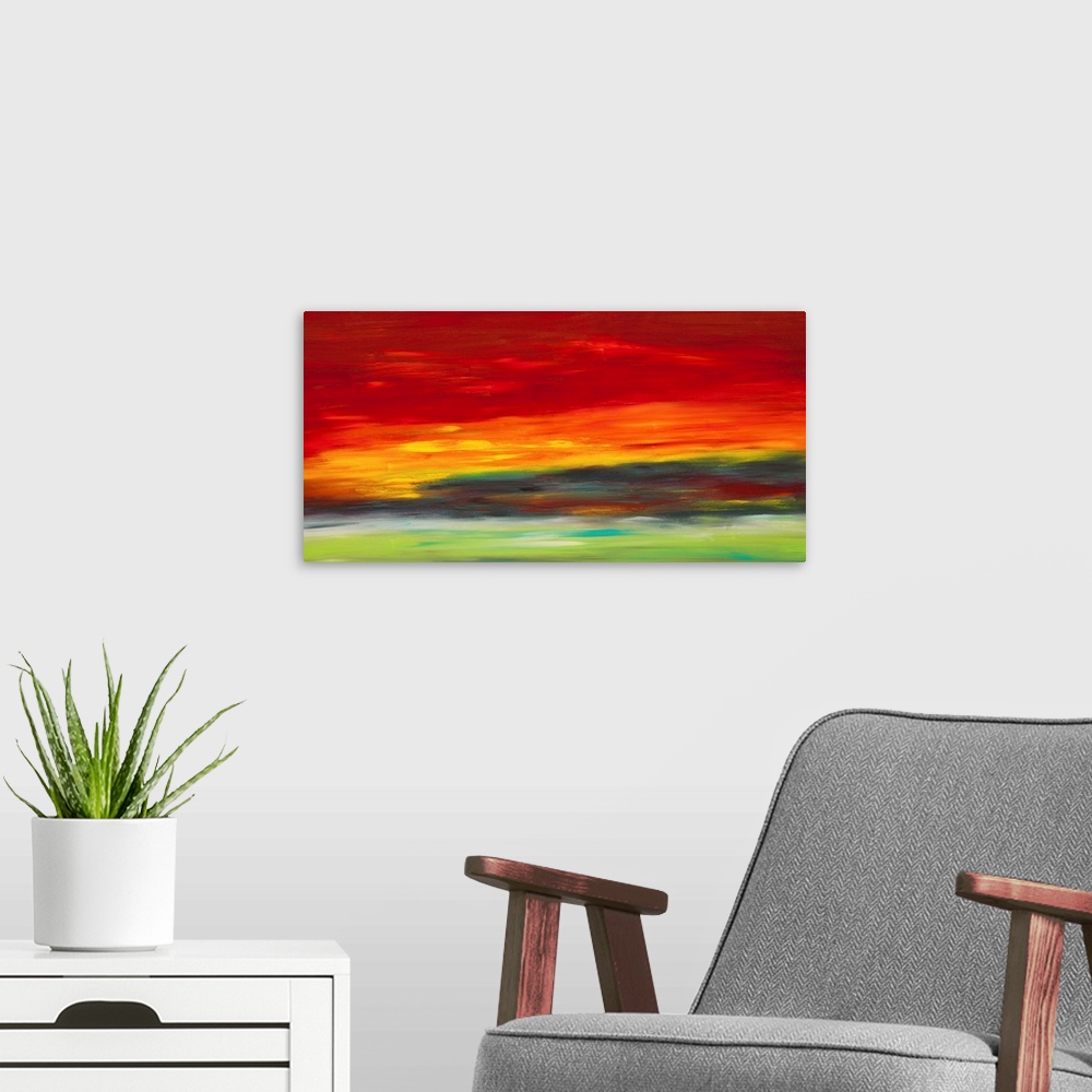 A modern room featuring Contemporary abstract resembling a vibrant sunset sky.