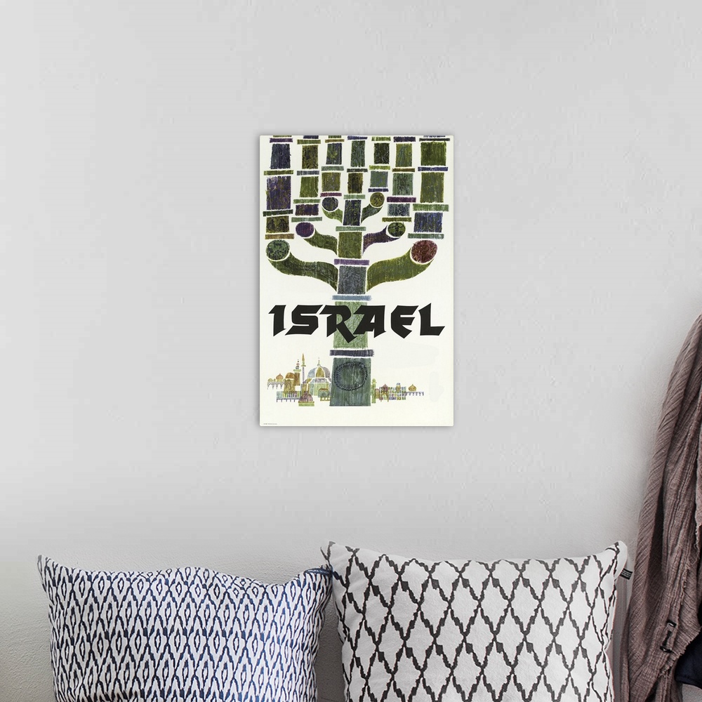 A bohemian room featuring Vintage travel advertisement for Israel.