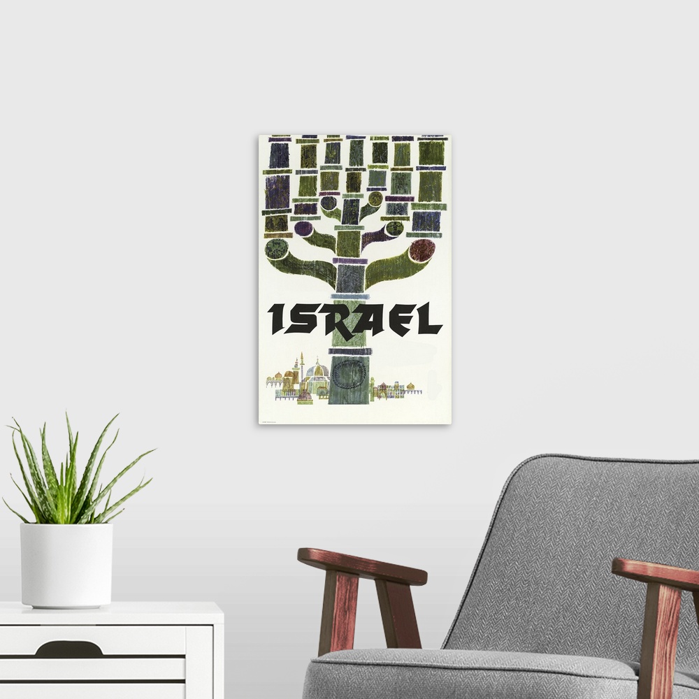 A modern room featuring Vintage travel advertisement for Israel.