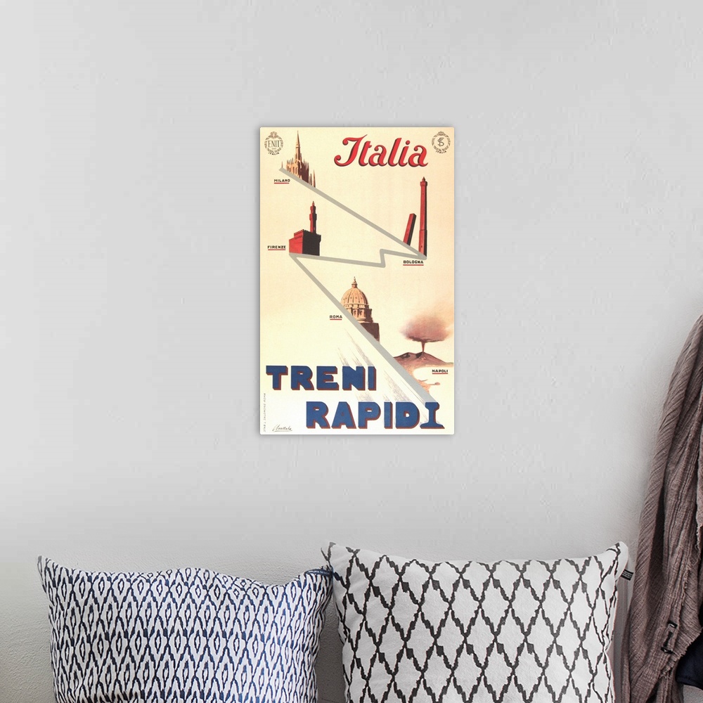 A bohemian room featuring Vintage poster advertisement for Italia Rapida.