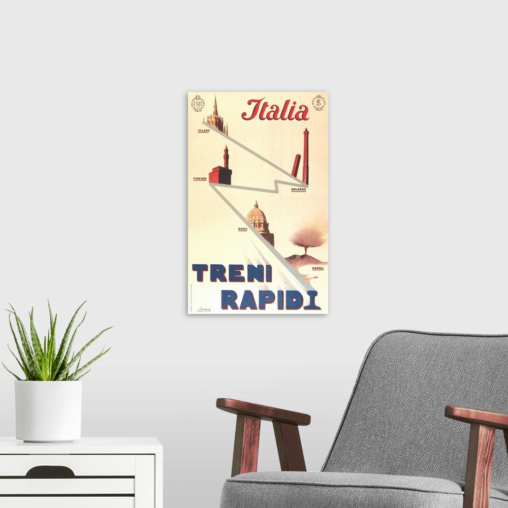 A modern room featuring Vintage poster advertisement for Italia Rapida.