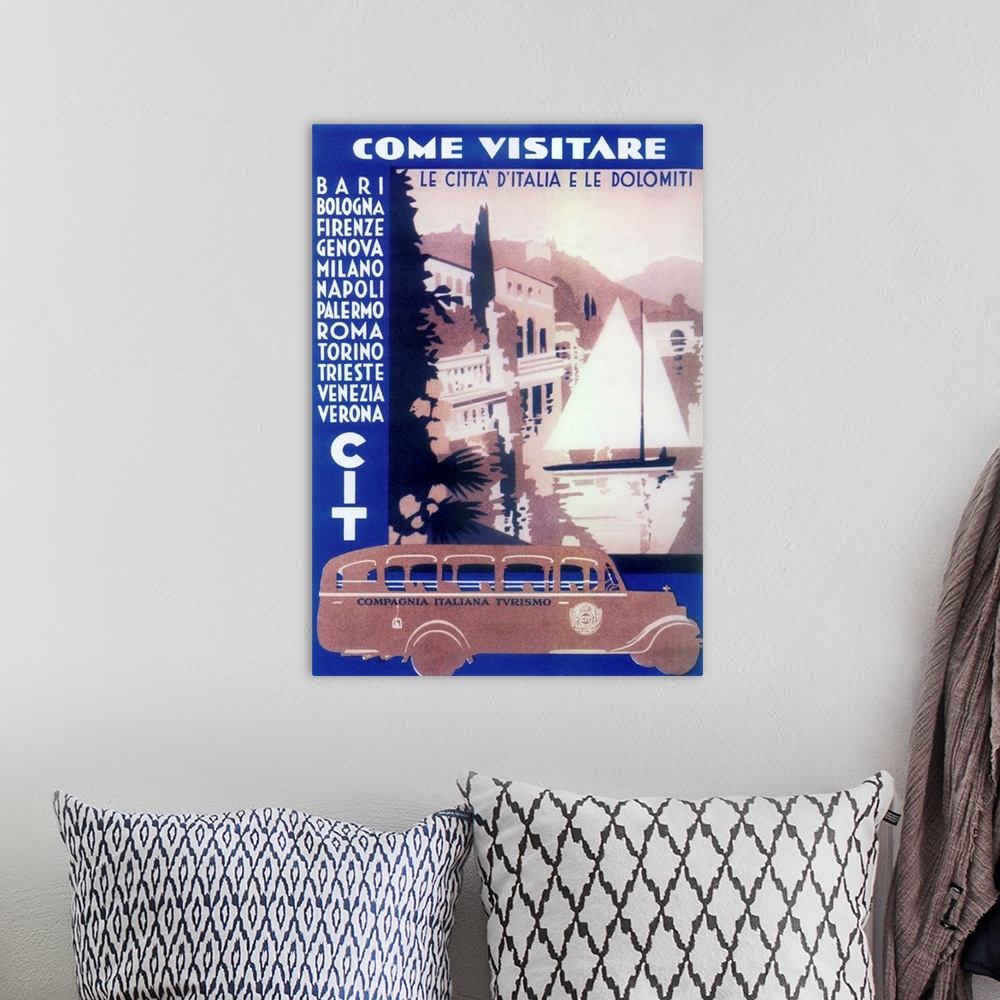 A bohemian room featuring Vintage poster advertisement for Italian Cities.