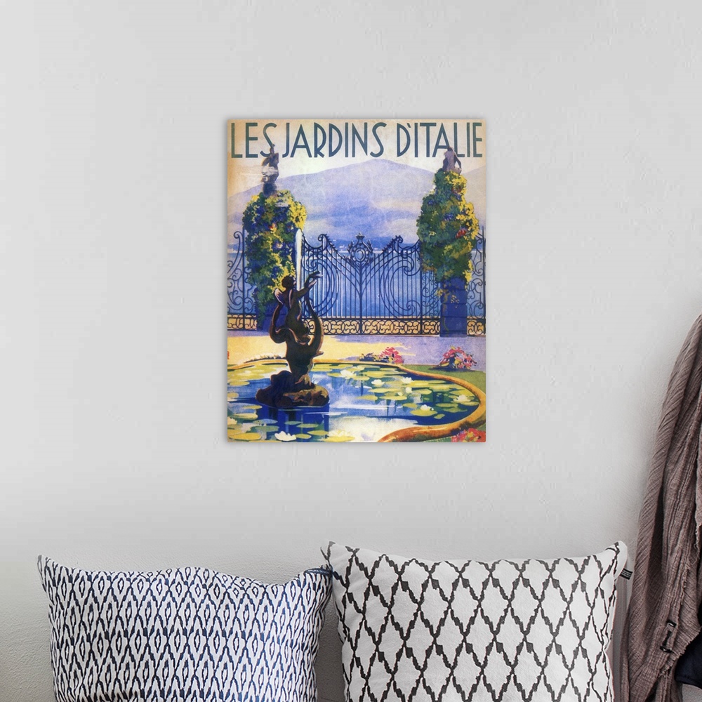 A bohemian room featuring Vintage poster advertisement for Italian Gardens.