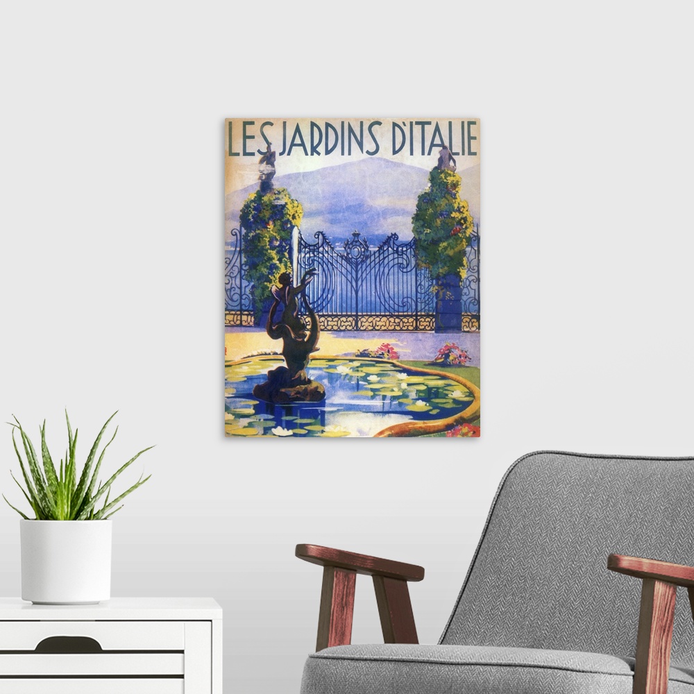 A modern room featuring Vintage poster advertisement for Italian Gardens.