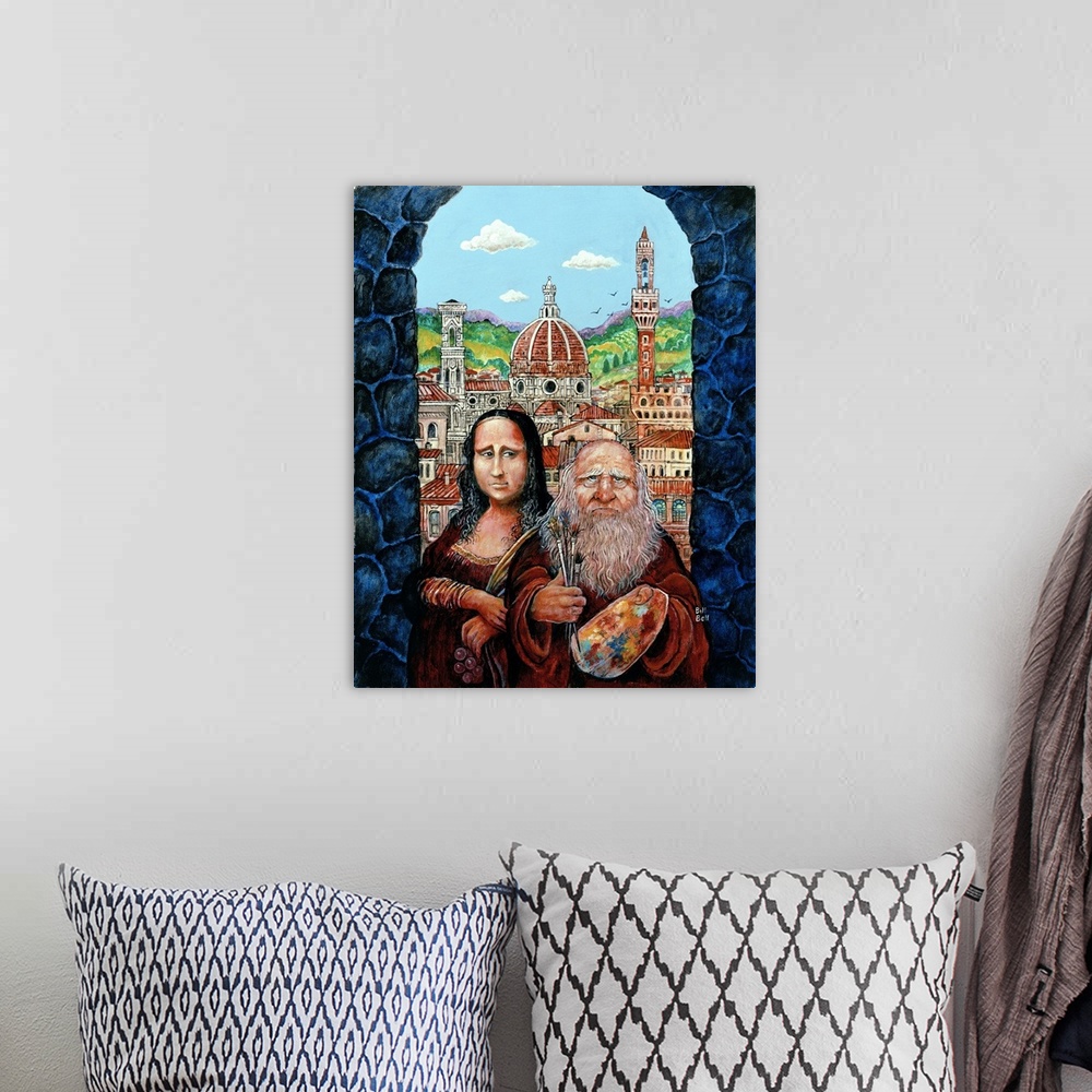 A bohemian room featuring Mona Lisa and Da Vinci. duomo in and medieval city in background