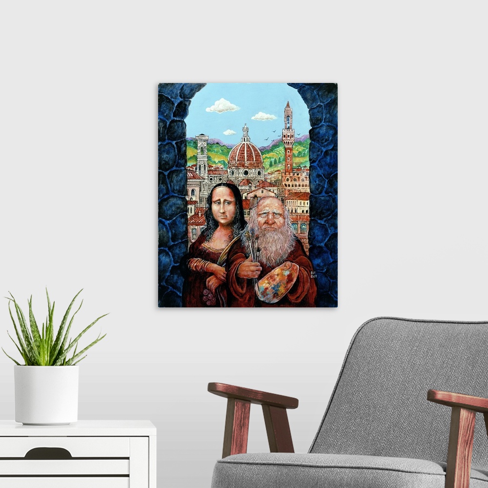 A modern room featuring Mona Lisa and Da Vinci. duomo in and medieval city in background