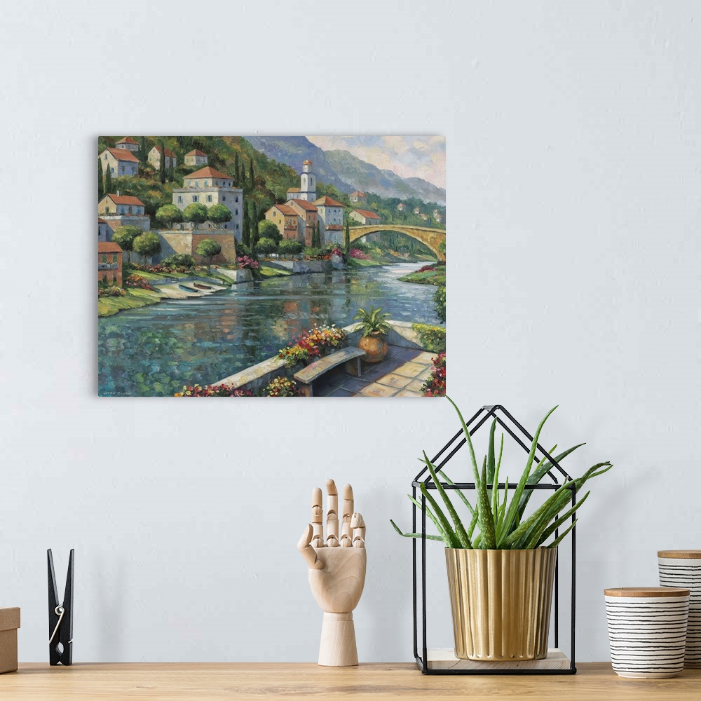 A bohemian room featuring Italian town set on the river