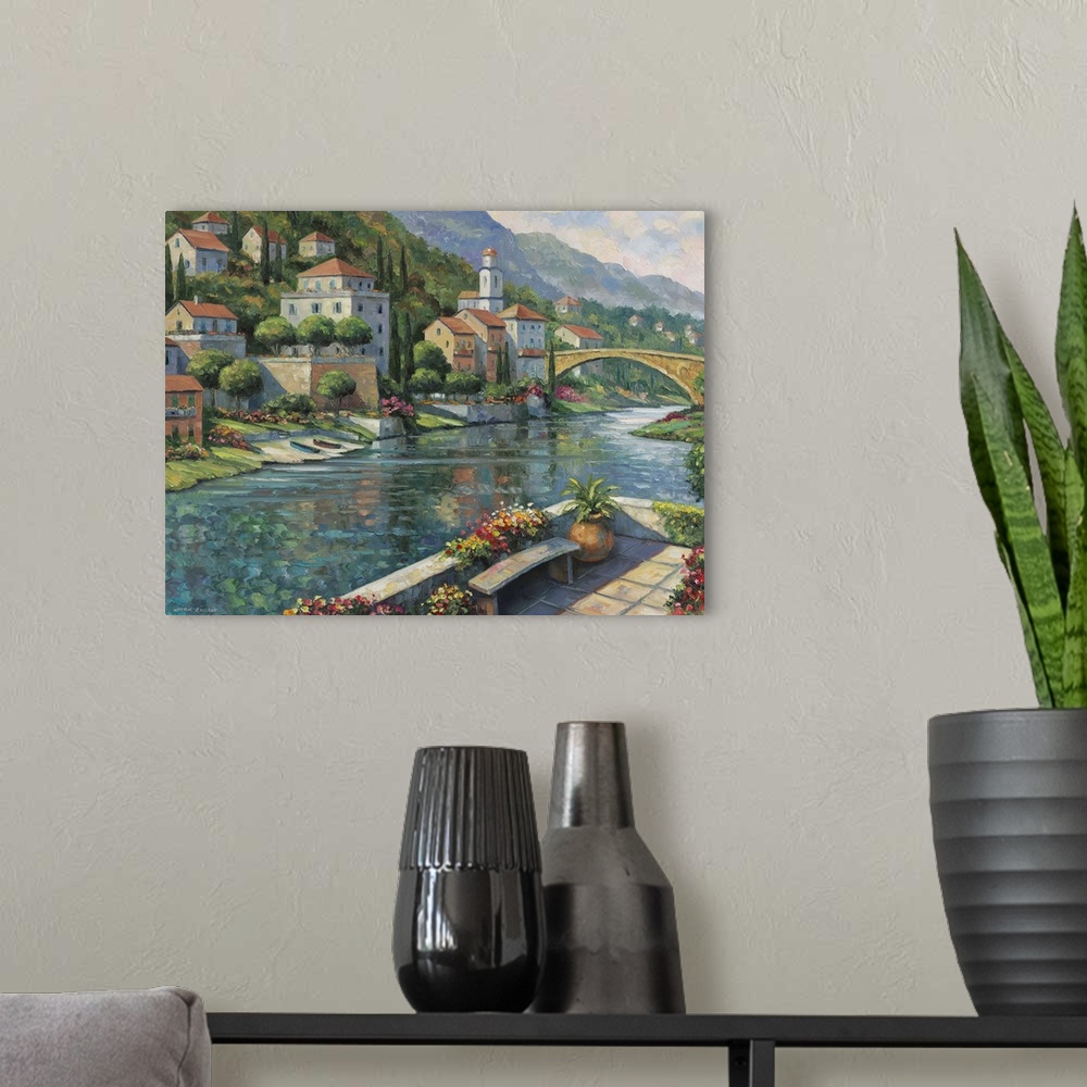 A modern room featuring Italian town set on the river