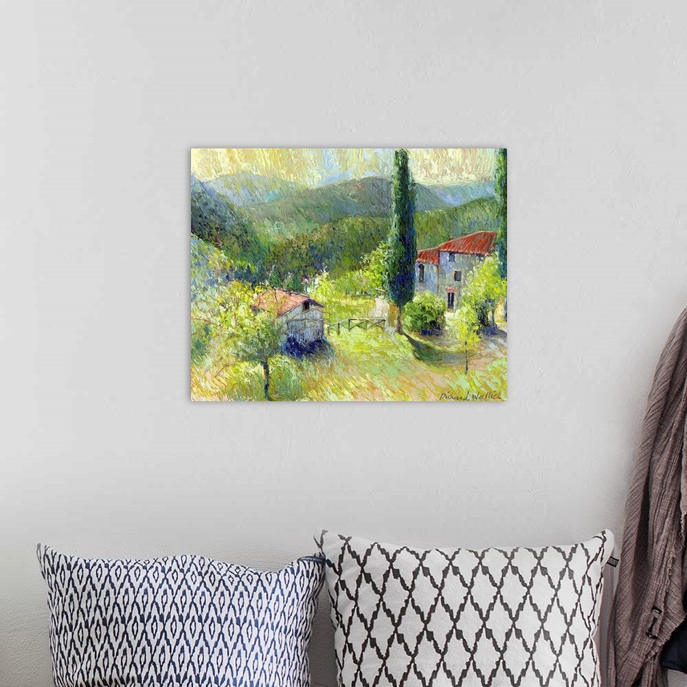 A bohemian room featuring Contemporary painting of an idyllic rural scene.