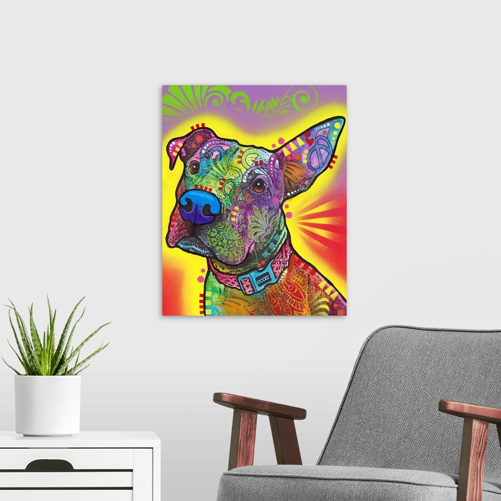 A modern room featuring Colorful illustration of a dog with one ear sticking straight up and intricate designs all over.