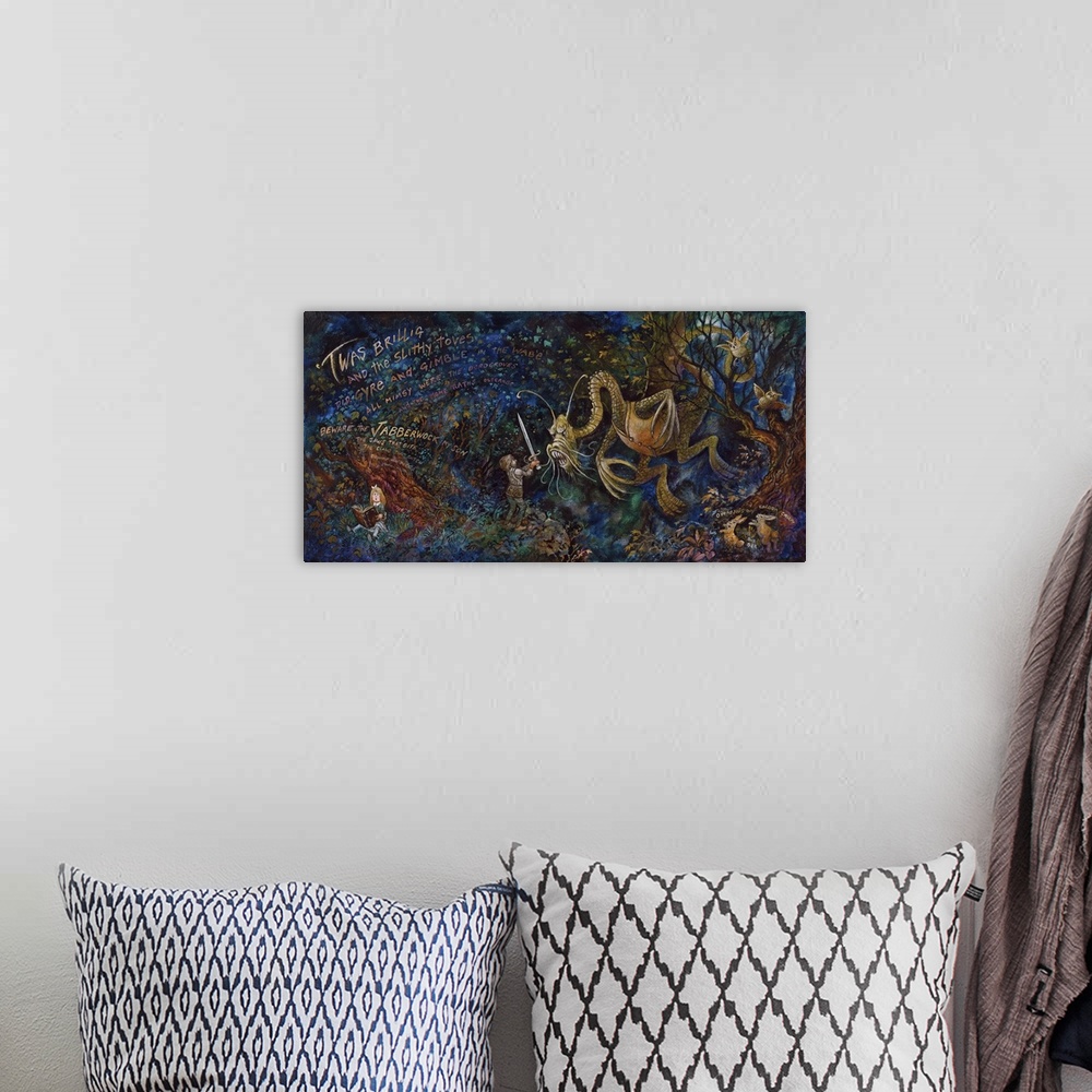 A bohemian room featuring A painting of a the literary monster, the Jabberwocky.