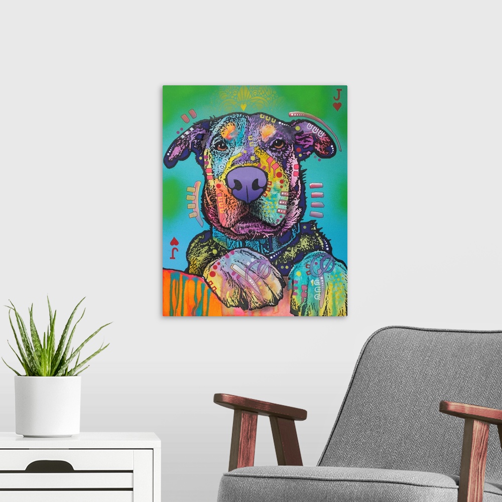 A modern room featuring Colorfully designed painting of a dog with its paws in the foreground on a blue and green backgro...