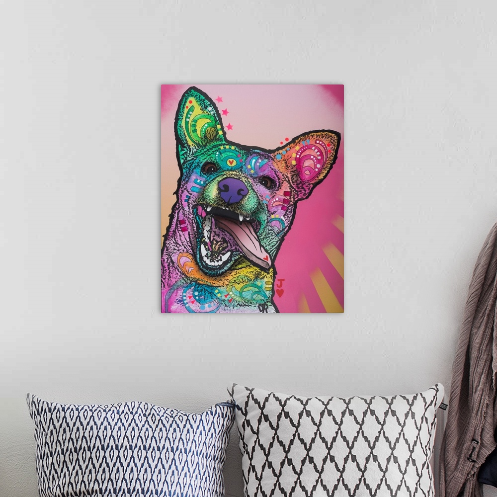 A bohemian room featuring Funny painting of a colorful dog with its mouth open and tongue sticking out on a pink background...
