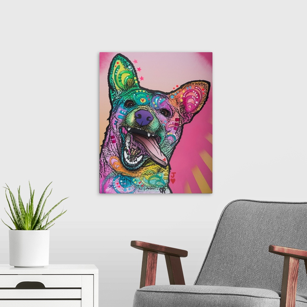 A modern room featuring Funny painting of a colorful dog with its mouth open and tongue sticking out on a pink background...