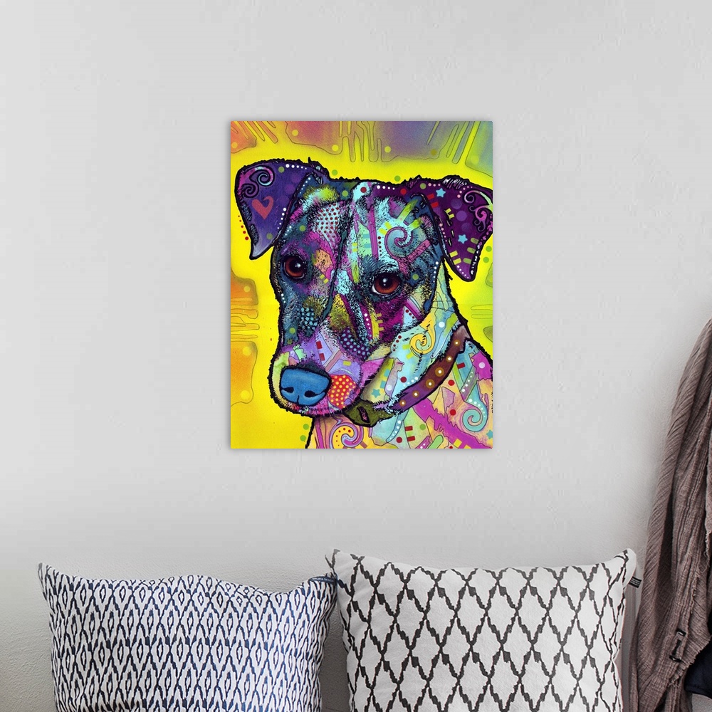 A bohemian room featuring Pop art style painting of a Jack Russel with abstract designs.