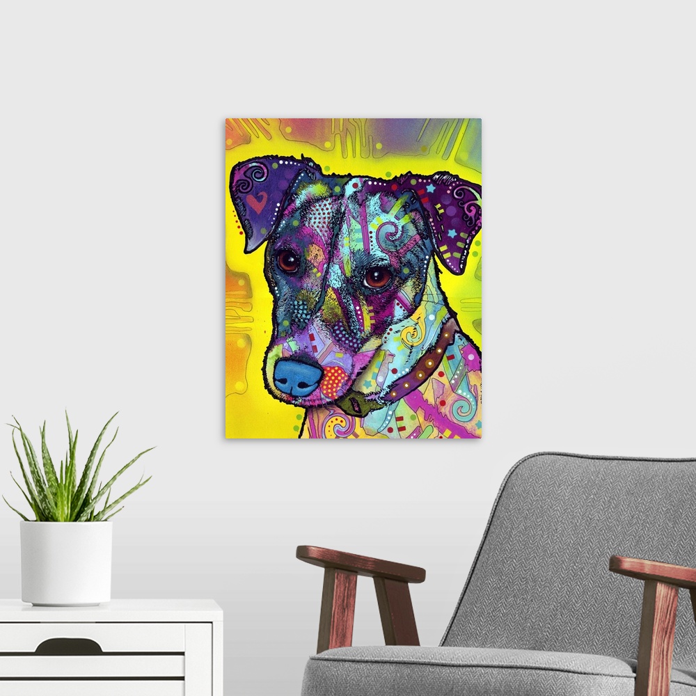 A modern room featuring Pop art style painting of a Jack Russel with abstract designs.