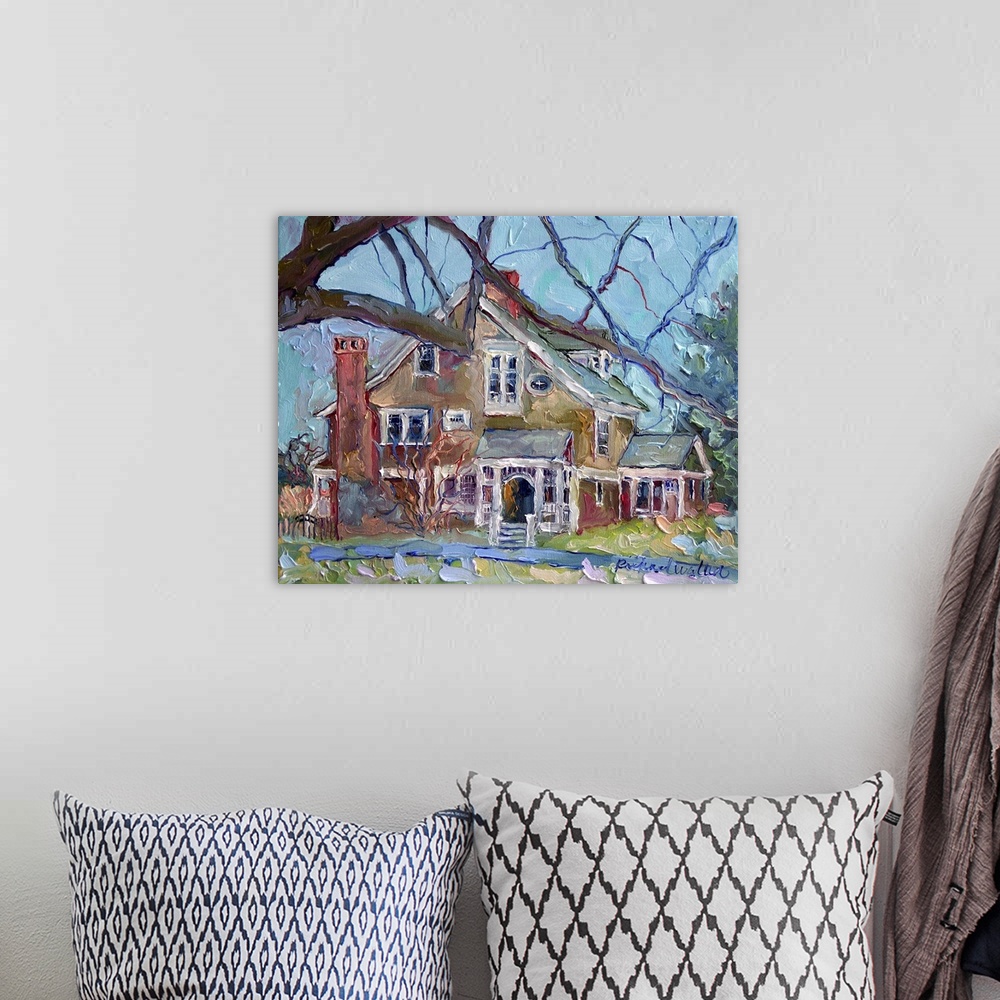 A bohemian room featuring Contemporary painting of a countryside house.