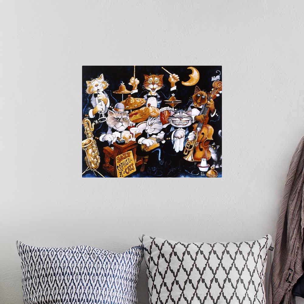 A bohemian room featuring A group of various cats playing instruments in a jazz band.