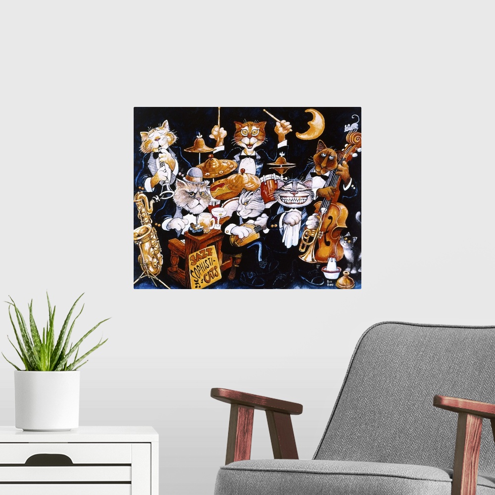 A modern room featuring A group of various cats playing instruments in a jazz band.