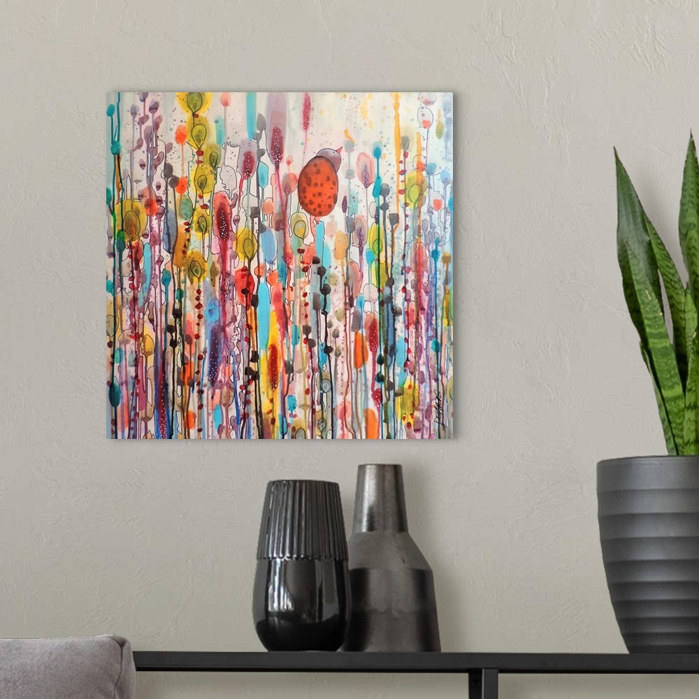 A modern room featuring Colorful contemporary watercolor painting of a bird perched on a branch against a colorful backgr...
