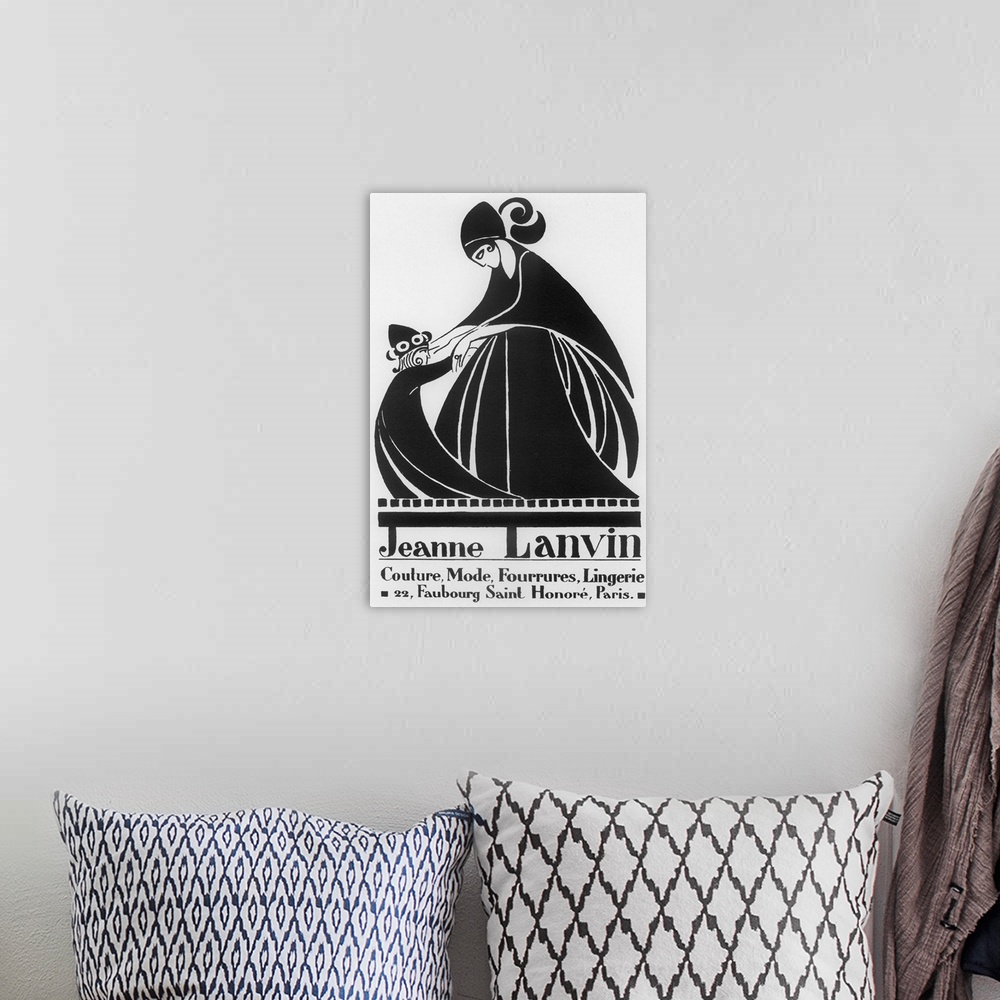 A bohemian room featuring Vintage poster advertisement for Jeanne Lanvin.
