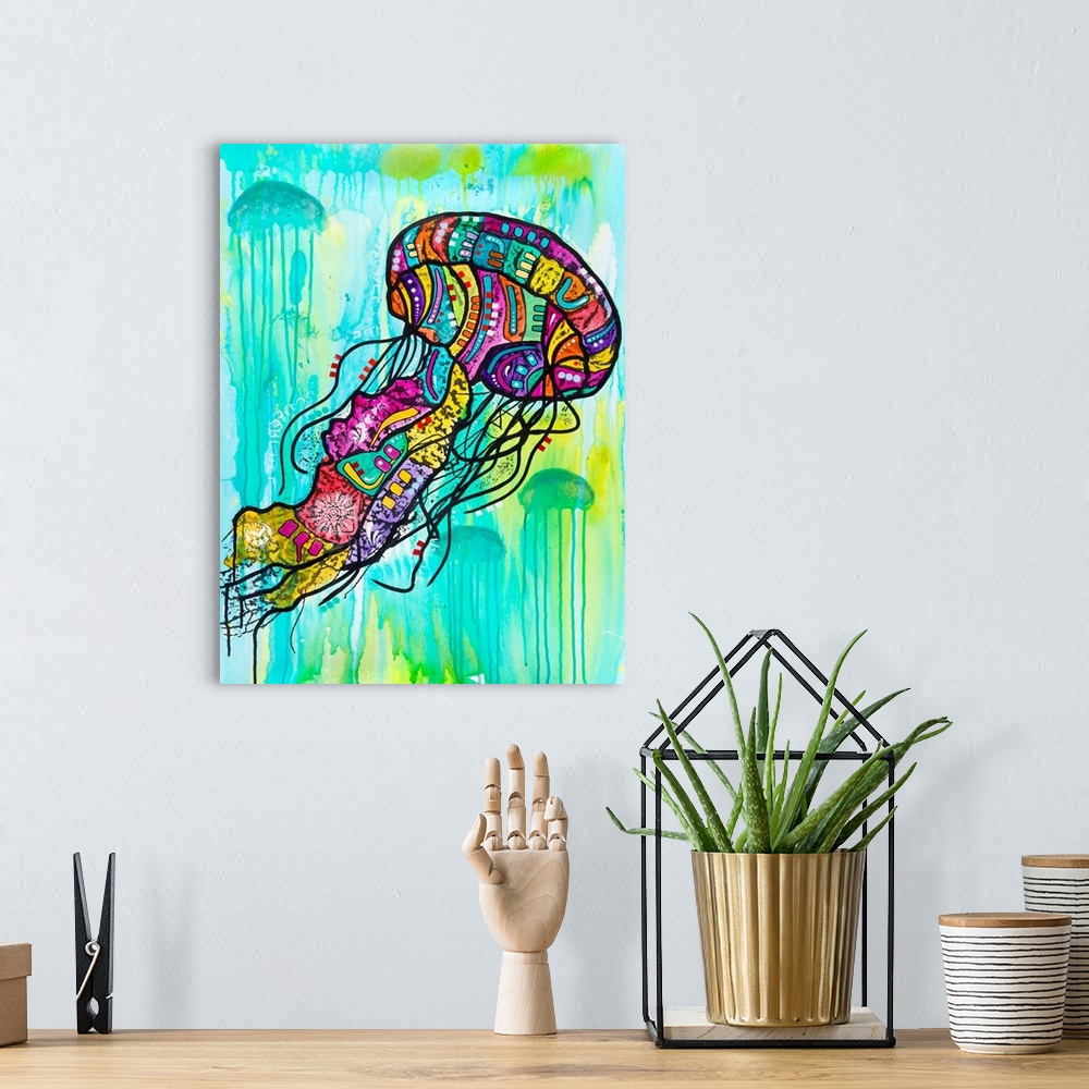 A bohemian room featuring Contemporary stencil painting of a jellyfish filled with various colors and patterns.
