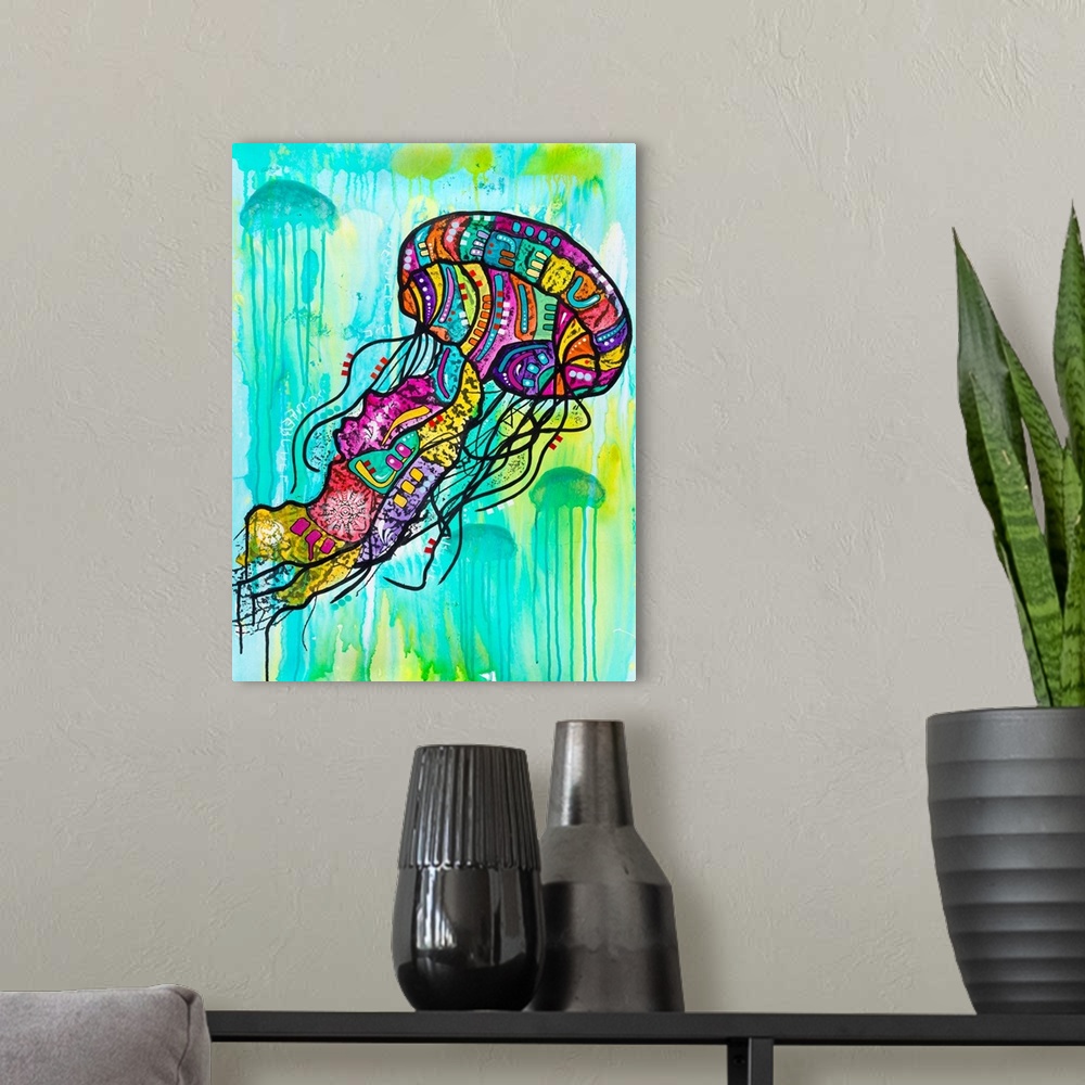 A modern room featuring Contemporary stencil painting of a jellyfish filled with various colors and patterns.