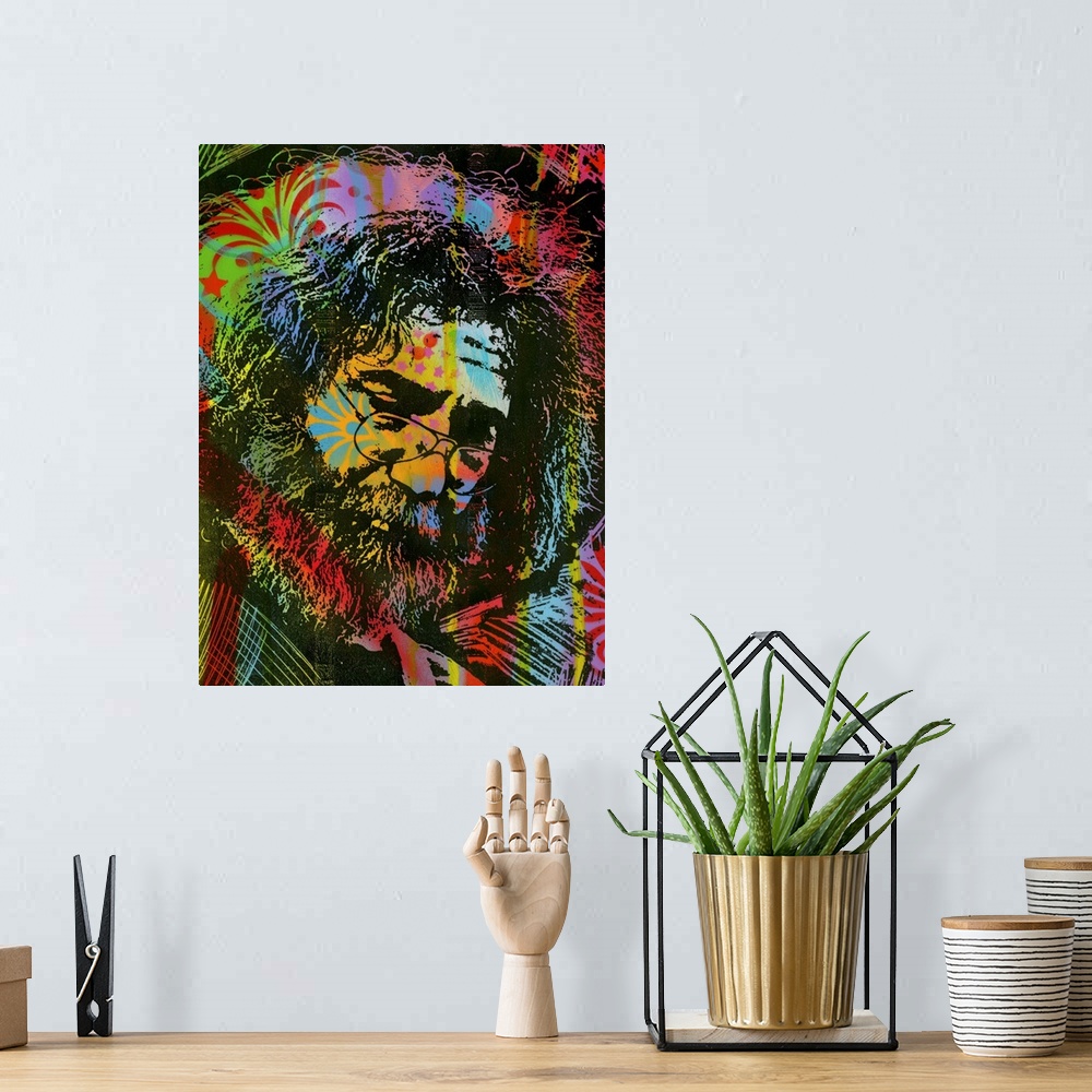 A bohemian room featuring Busy illustration of Jerry Garcia with a colorful graffiti style overlay.
