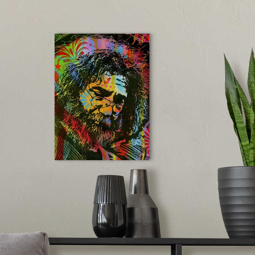 A modern room featuring Busy illustration of Jerry Garcia with a colorful graffiti style overlay.