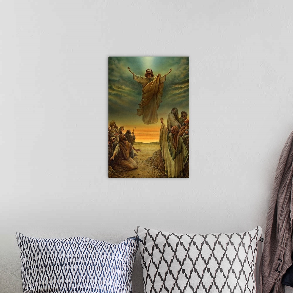 A bohemian room featuring This vertical wall hanging is a painting of Traditional Wall art depicting Jesus floating over a ...