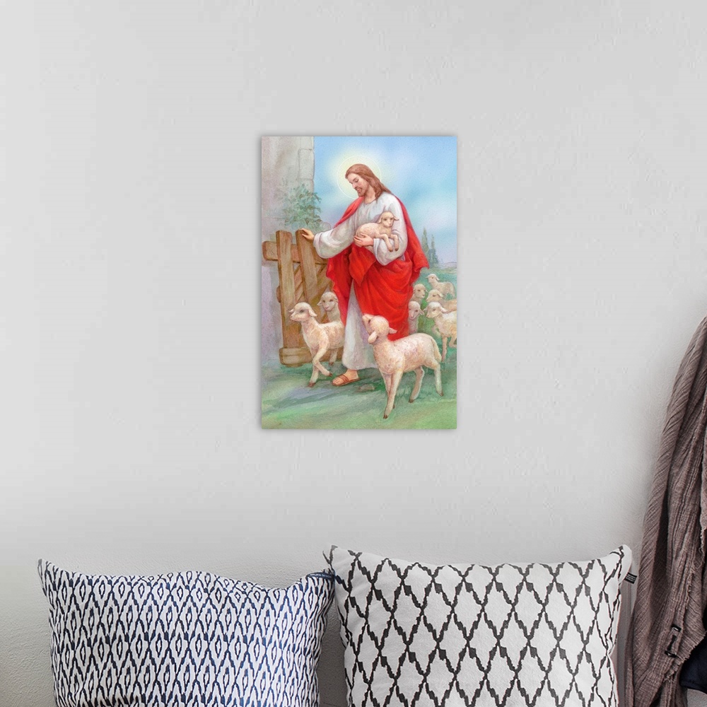 A bohemian room featuring Jesus in a red robe with a herd of sheep, shepherd