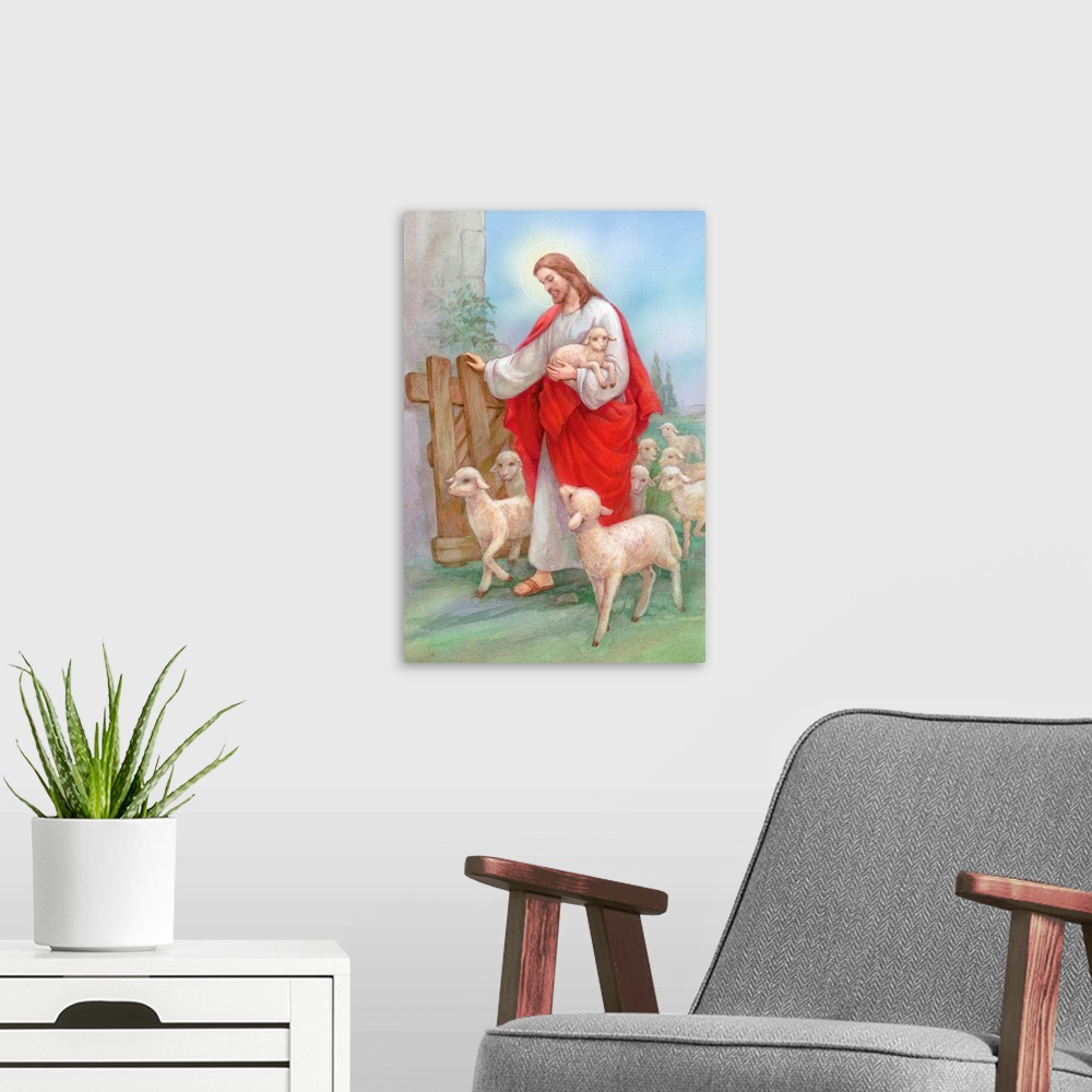 A modern room featuring Jesus in a red robe with a herd of sheep, shepherd
