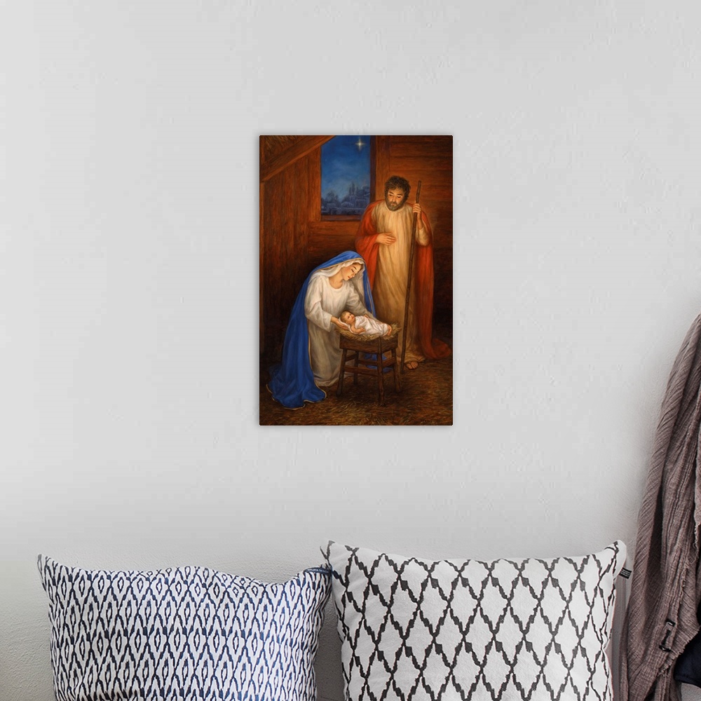 A bohemian room featuring Jesus, Mary, and Joseph