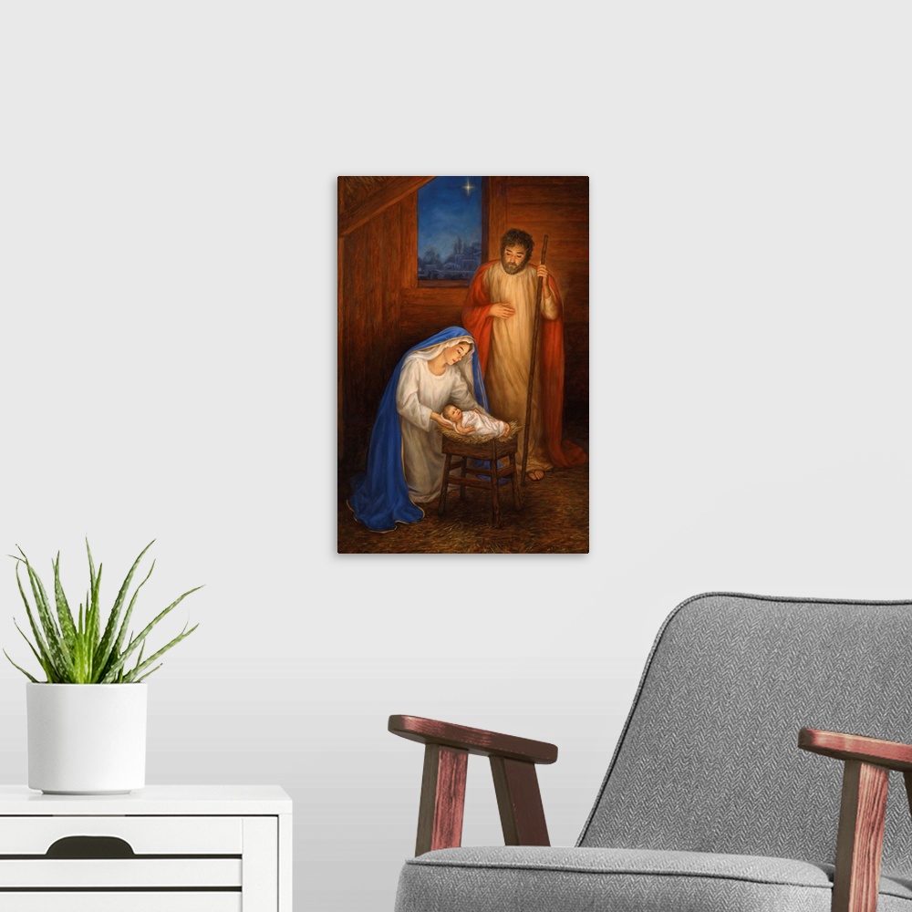 A modern room featuring Jesus, Mary, and Joseph
