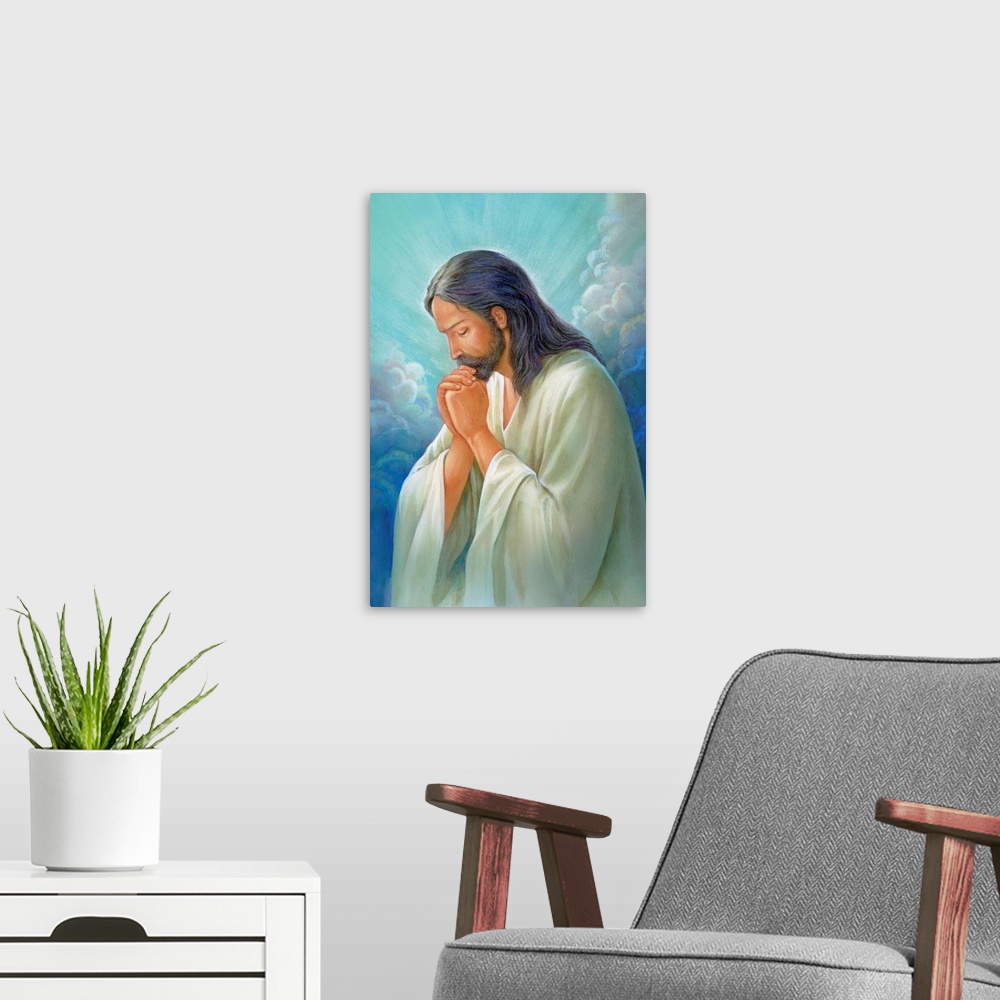 A modern room featuring Jesus praying