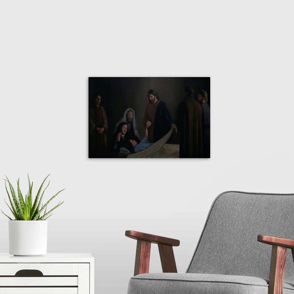A modern room featuring Jesus helping a girl out of bed