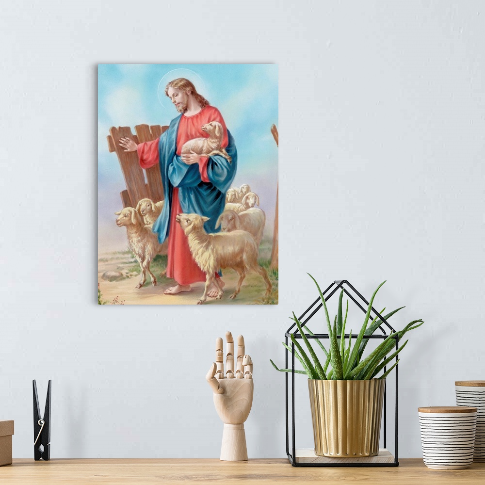 A bohemian room featuring Jesus with a herd of sheep.