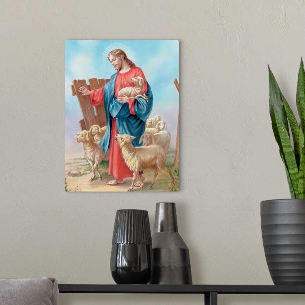 A modern room featuring Jesus with a herd of sheep.