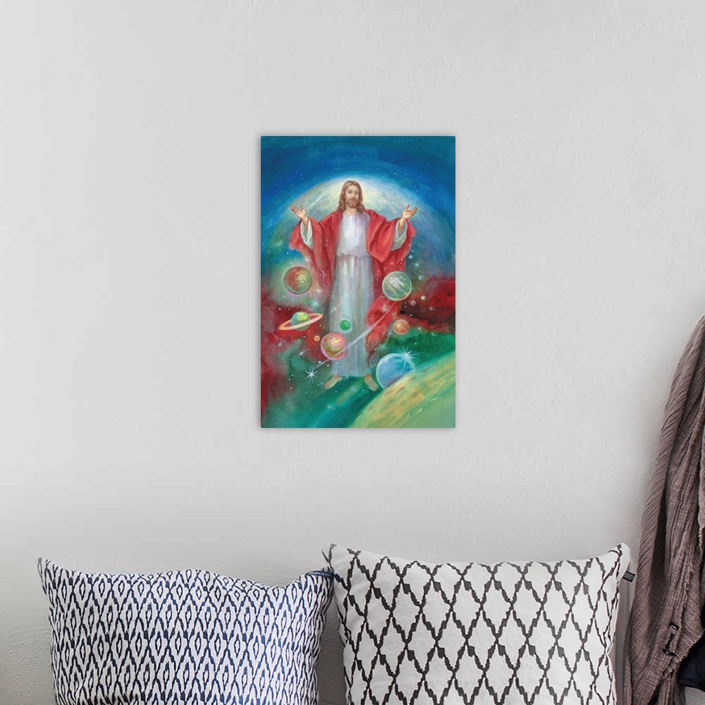 A bohemian room featuring Jesus with his arms open wide and the planets all around him