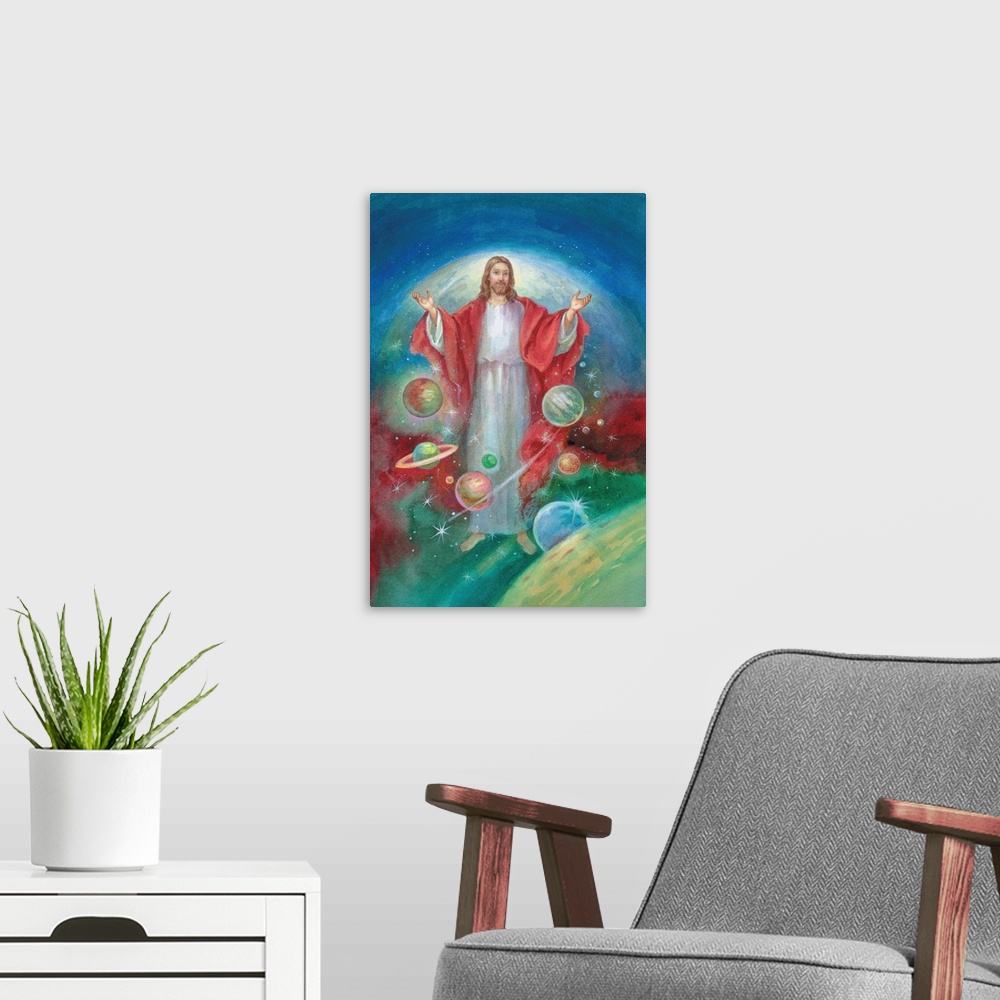 A modern room featuring Jesus with his arms open wide and the planets all around him