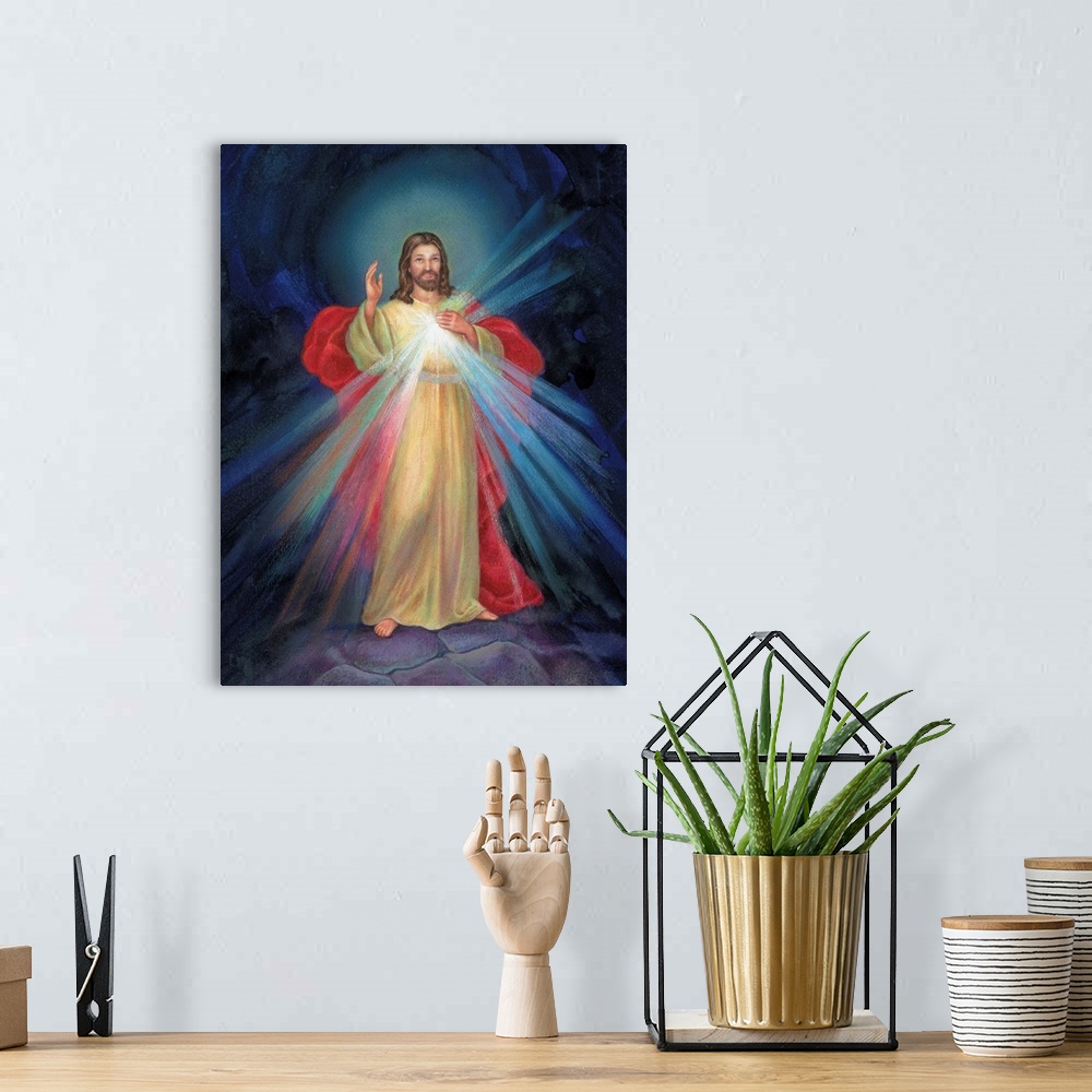 A bohemian room featuring Jesus with light coming from his chest
