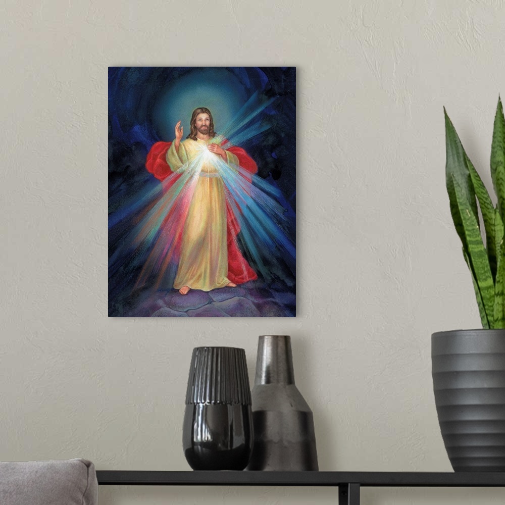 A modern room featuring Jesus with light coming from his chest