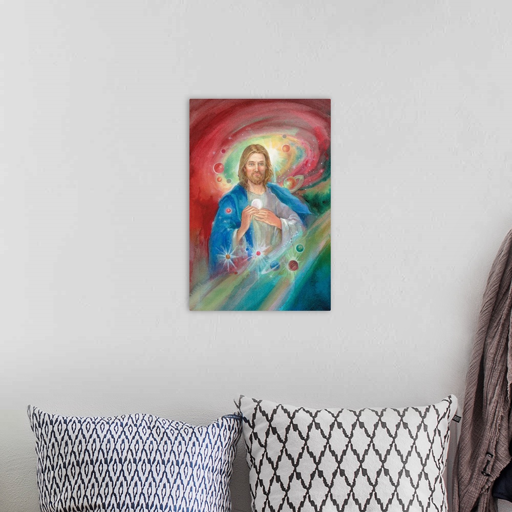 A bohemian room featuring Jesus with the planets and stars