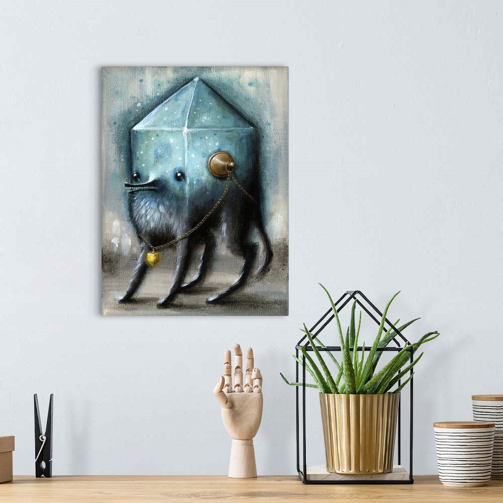 A bohemian room featuring Surrealist painting of an animal with a glass geometric blue glowing shape for a head.