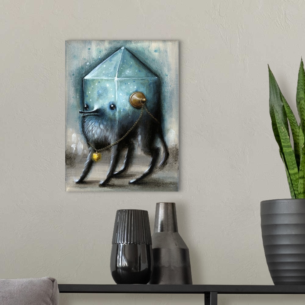 A modern room featuring Surrealist painting of an animal with a glass geometric blue glowing shape for a head.